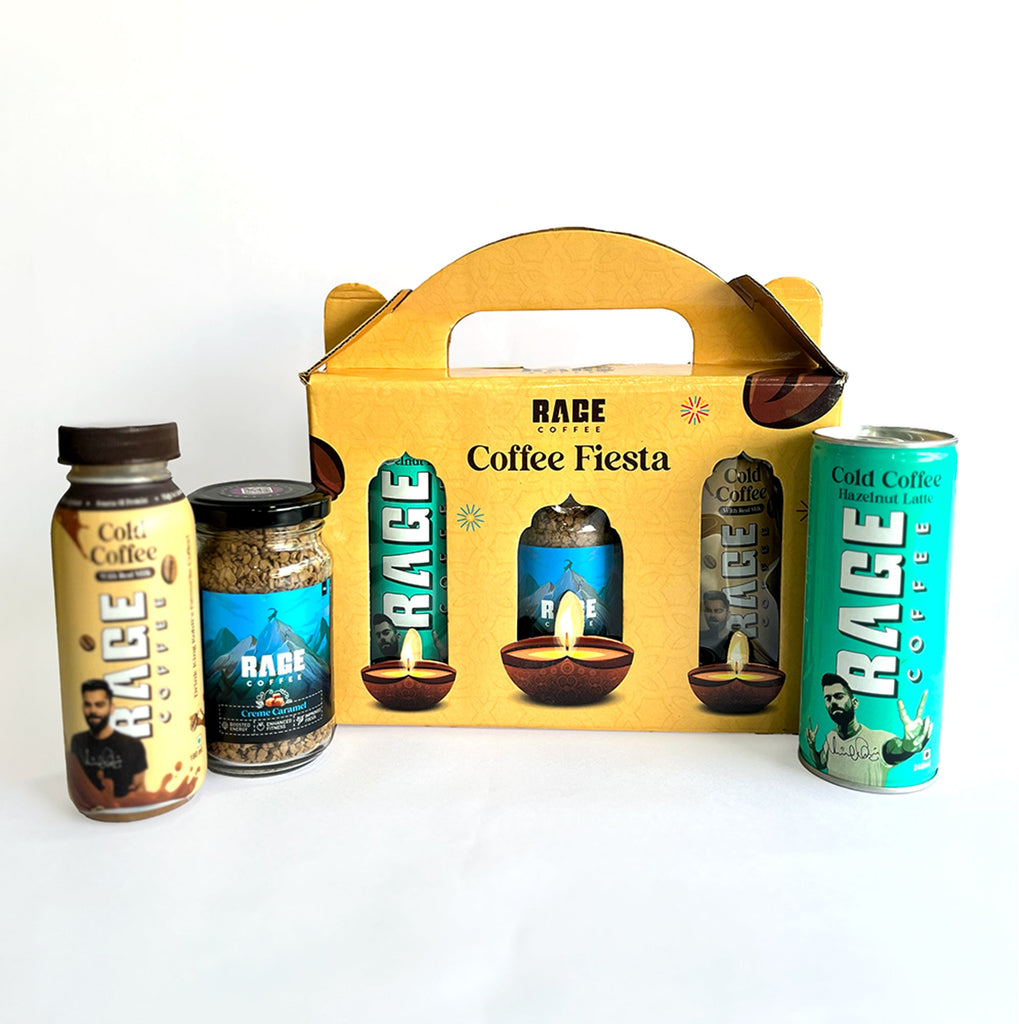 Coffee Fiesta Gift Box (Silk Blend Creamy Hazelnut 50 Gm, RTD Hazelnut Latte 240 ML & Cold Coffee with Real Milk 180 ML) - Rage Coffee