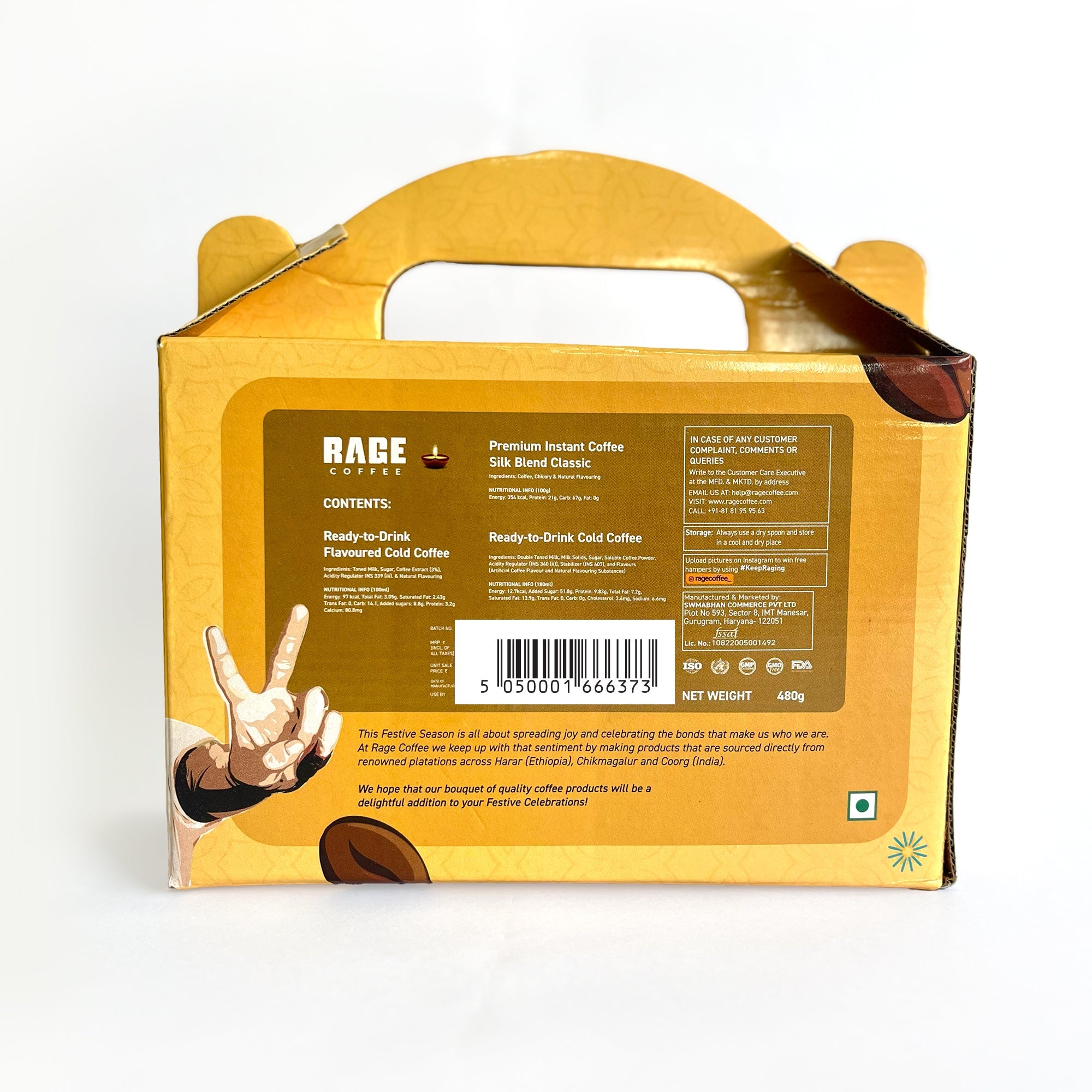 Coffee Fiesta Gift Box (Silk Blend Creamy Hazelnut 50 Gm, RTD Hazelnut Latte 240 ML & Cold Coffee with Real Milk 180 ML) - Rage Coffee