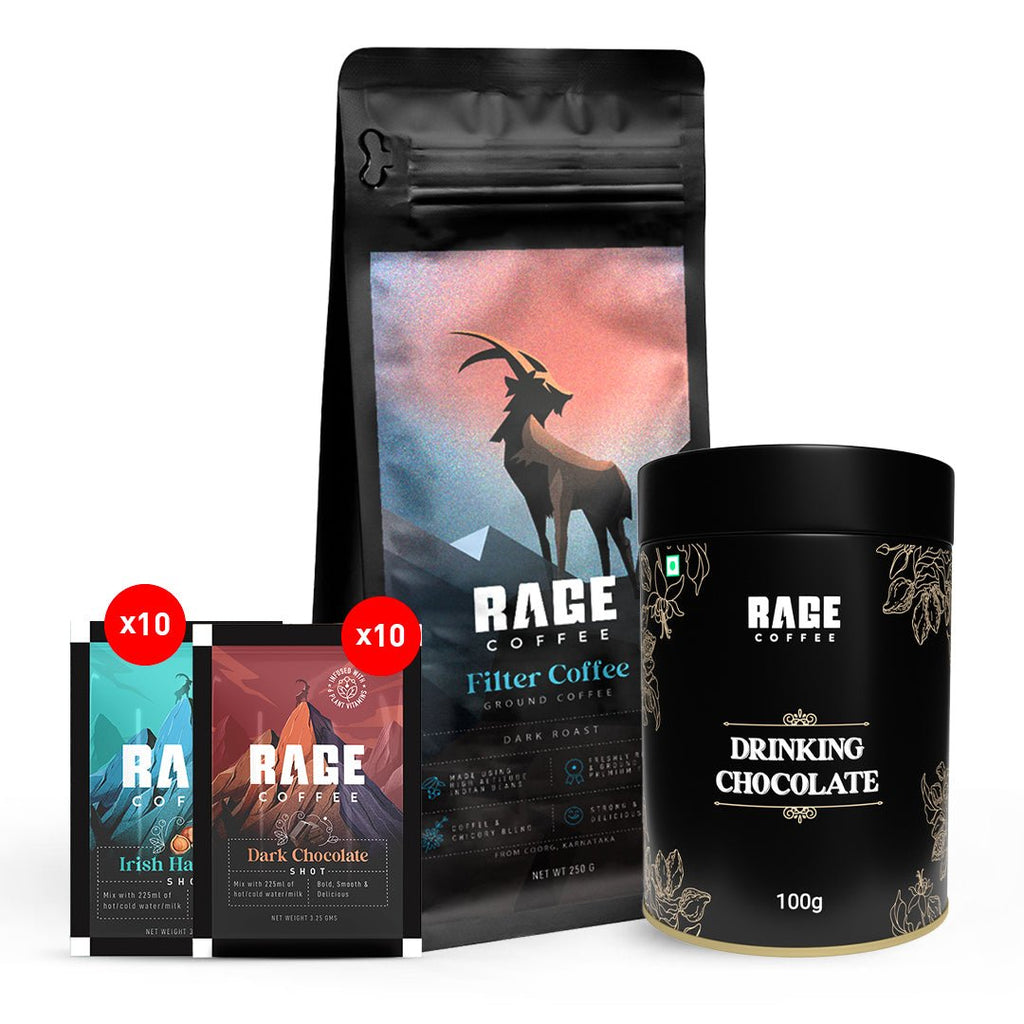 Rapid Brew Mix Combo (Drinking Chocolate + South Indian Filter Ground Coffee + Irish Hazelnut 10 sachets + Dark Chocolate 10 sachets) - Rage Coffee